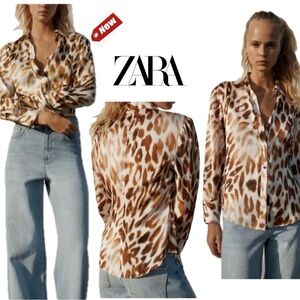 Zara leopard cheetah animal print satin effect long sleeve button front blouse L